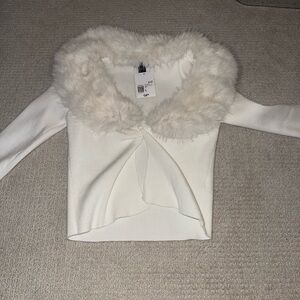 Forever 21 White Faux Fur Trim Cardigan